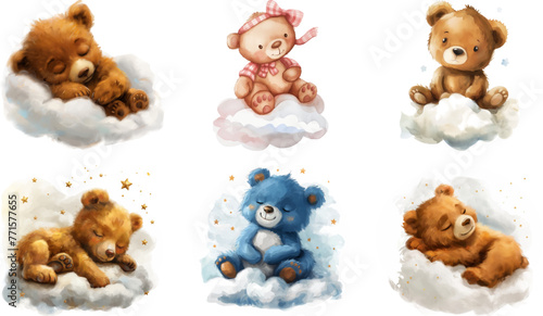 Watercolor clipart with cute bears on a cloud
