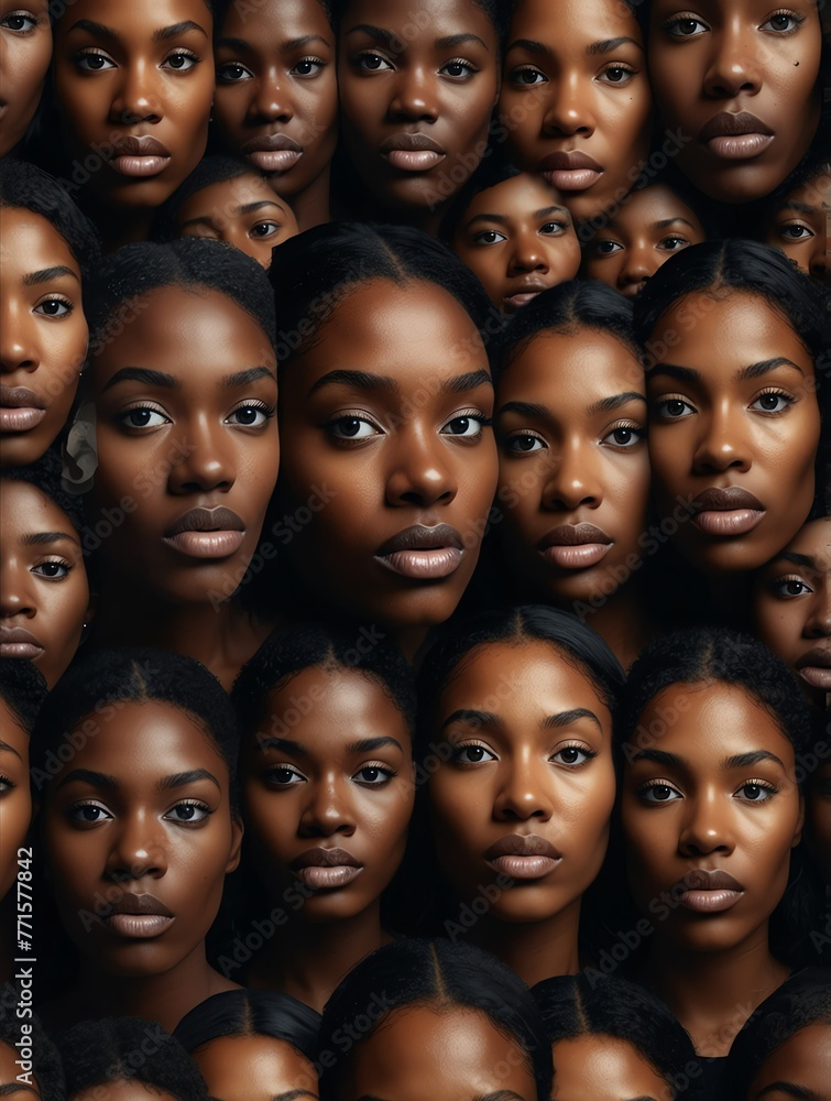 Abstract black theme collage of diverse inclusive human woman faces art design illustration from Generative AI Abstract black theme collage of diverse inclusive human woman faces art design illustration from Generative AI