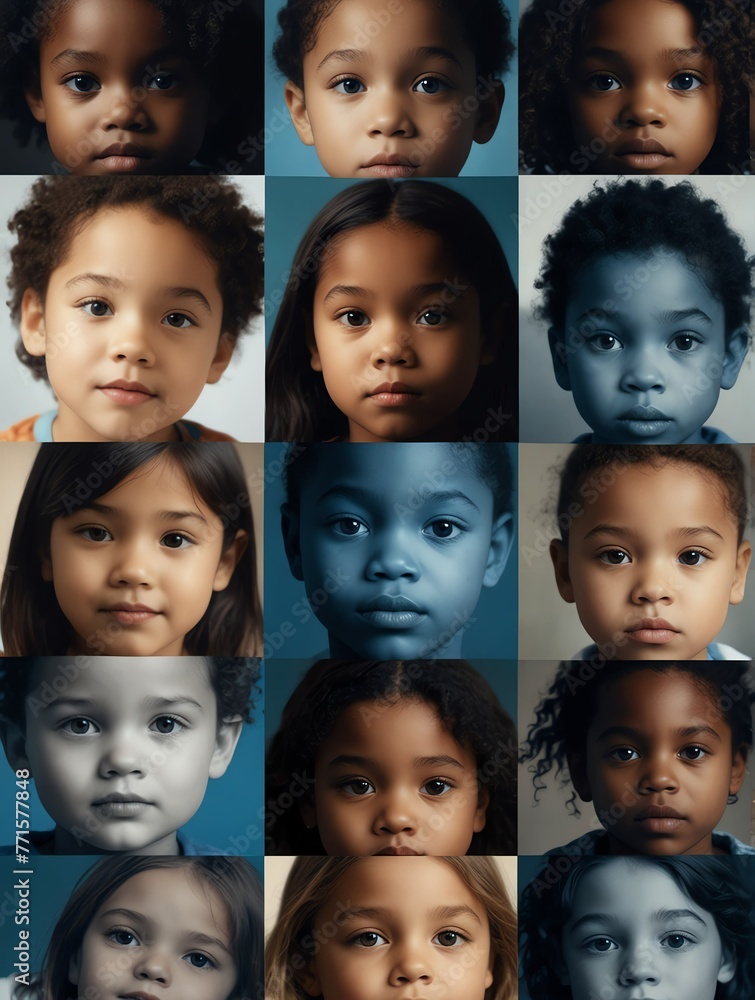 Abstract blue theme collage of diverse inclusive human child faces art design illustration from Generative AI Abstract blue theme collage of diverse inclusive human child faces art design illustration from Generative AI