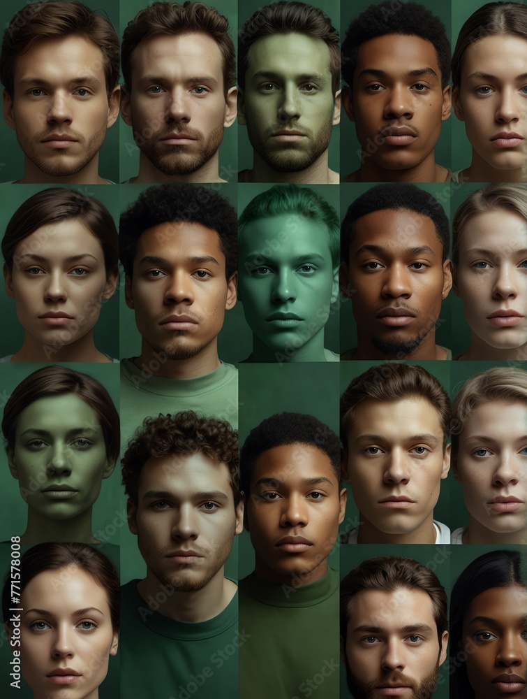 Abstract green theme collage of diverse inclusive human man faces art design illustration from Generative AI