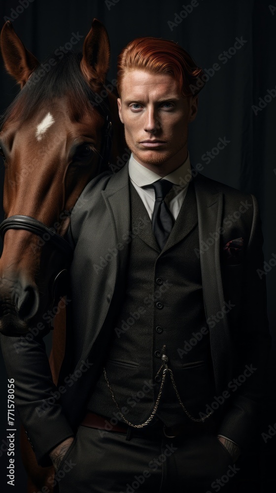 Portrait of a Handsome Confident ginger Man wearing a Stylish Fashionable Suit, Tuxedo stands next to a brown horse and looks at the camera on a dark background