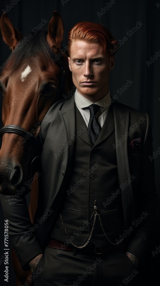 Portrait of a Handsome Confident ginger Man wearing a Stylish Fashionable Suit, Tuxedo stands next to a brown horse and looks at the camera on a dark background Portrait of a Handsome Confident ginger Man wearing a Stylish Fashionable Suit, Tuxedo stands next to a brown horse and looks at the camera on a dark background