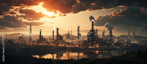 A large oil refinery at dusk with smoke billowing from chimneys, silhouetted against the colorful sky. The industrial building contrasts with the natural landscape