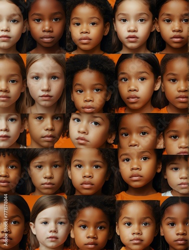 Abstract orange theme collage of diverse inclusive human child faces art design illustration from Generative AI