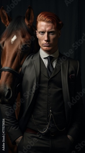 Portrait of a Handsome Confident ginger Man wearing a Stylish Fashionable Suit, Tuxedo stands next to a brown horse and looks at the camera on a dark background © liliyabatyrova