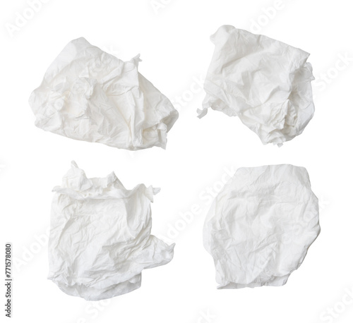 Top view set of crumpled tissue paper balls after use in toilet or restroom isolated on white background with clipping path photo