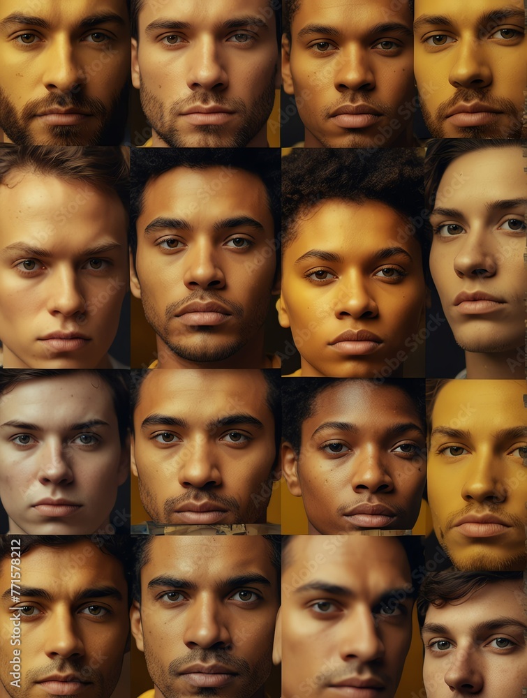 Obraz premium Abstract yellow theme collage of diverse inclusive human man faces art design illustration from Generative AI