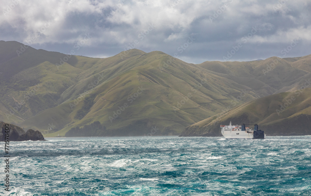 A ferry en route from Wellington on the North Island  is seen as it heads toward the Queen Charlotte Sound (Tōtaranui) and Picton on the north end of the South Island of New Zealand.