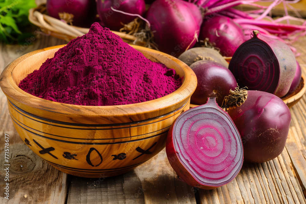 bowl of beet powder surrounded with basket of fresh beetroot, alternative medicine ingredient bowl of beet powder surrounded with basket of fresh beetroot, alternative medicine ingredient