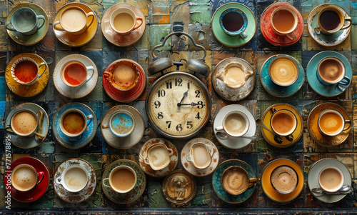 A collection of coffee cups with a clock in the middle.