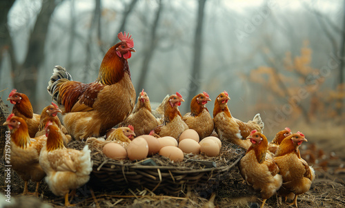 A group of chickens are gathered around a basket of eggs. The scene is peaceful and calm, with the chickens standing close together and the eggs in the basket