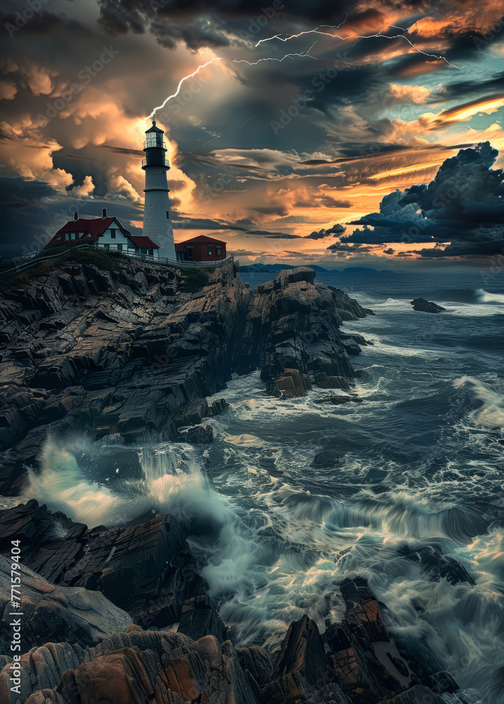 A lighthouse is on a rocky cliff overlooking the ocean. The sky is dark and stormy, with lightning flashing in the distance.