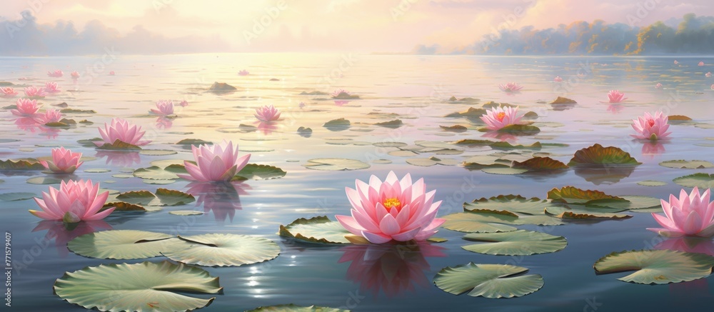 An art piece depicting water lilies, also known as Lotus flowers, floating on the surface of a tranquil lake, showcasing the beauty of terrestrial plants in a natural landscape - obrazy, fototapety, plakaty 