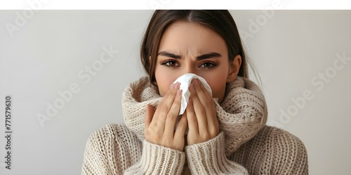 Unhealthy young woman wiping runny nose with tissue showing signs of seasonal allergies or a cold. Concept Healthcare, Allergies, Cold, Runny Nose, Seasonal Illness