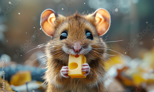 A cute brown mouse is holding a piece of cheese in its mouth. The image has a playful and lighthearted mood, as the mouse is posing for the camera and he is enjoying its snack © Vadim