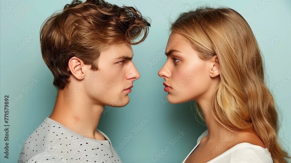 Intense Stare Between Young Man and Woman Against Blue Background Intense Stare Between Young Man and Woman Against Blue Background