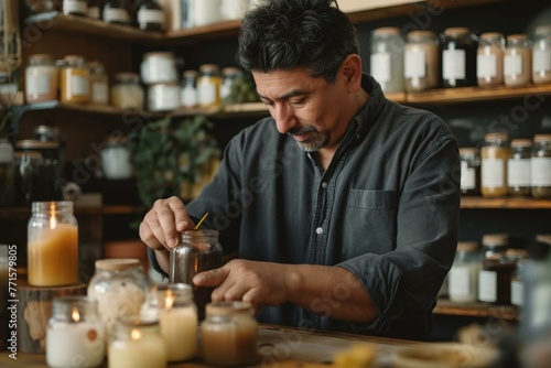 Hispanic Small Business Owner Crafting Candles Carefully