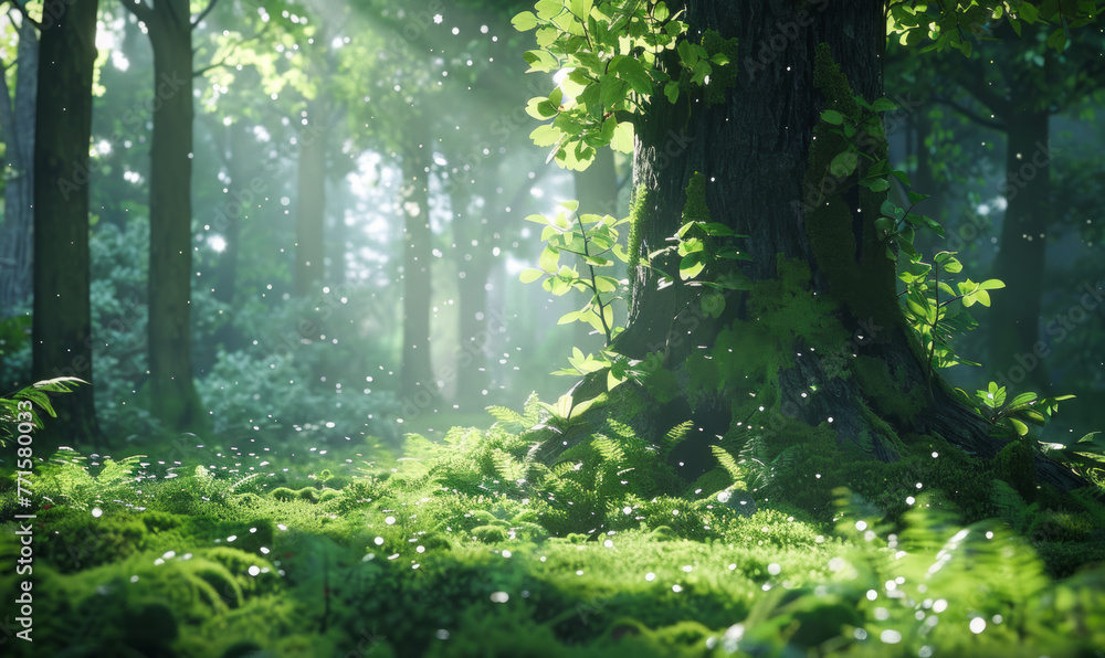 Fototapeta premium A forest with a tree in the middle. The tree is surrounded by green grass and moss.