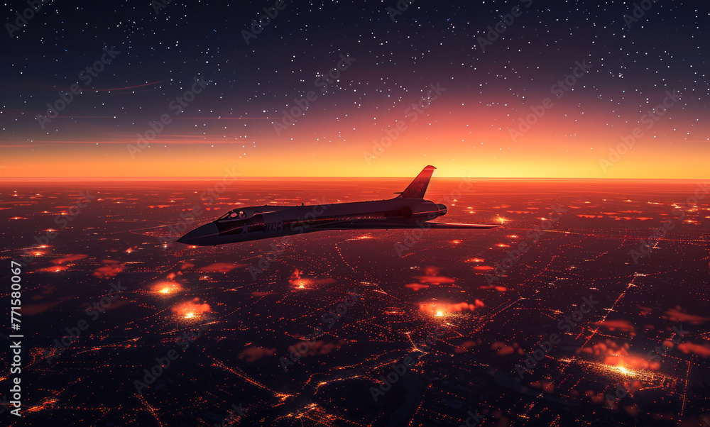 A jet is flying through the sky at night, with the sun setting in the background. The scene is peaceful and serene A jet is flying through the sky at night, with the sun setting in the background. The scene is peaceful and serene