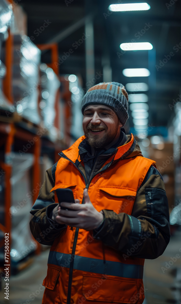 A man in an orange vest is smiling and holding a cell phone. He is standing in a warehouse