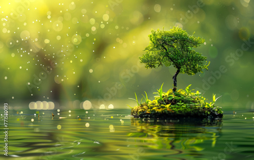 A small tree is sitting on a small island in a body of water. The water is calm and the tree is surrounded by grass.