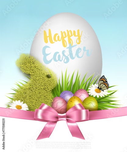 Happy Easter background. Colorful eggs and a rabbit made of green grass on a background of spring flowers and butterfly. Vector