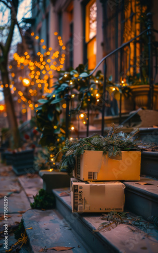 A box of books is on a set of steps. The scene is set in a city, with a tree in the background.