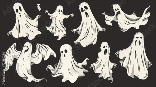 Conjunto de fantasmas brancos no fundo preto - Ilustração photo