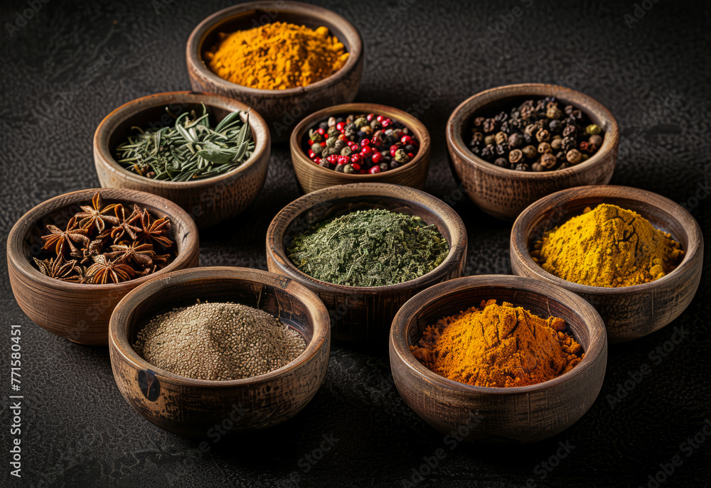 A collection of spices in wooden bowls arranged in a circle. The spices include black pepper, cumin, and paprika