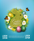 Holiday easter party flyer with easter eggs, spring flowers and grass rabbit. Vector.