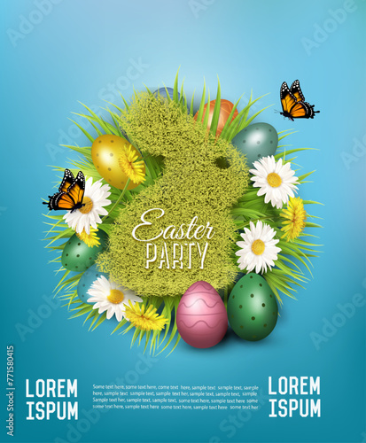 Holiday easter party flyer with easter eggs, spring flowers and grass rabbit. Vector. © ecco
