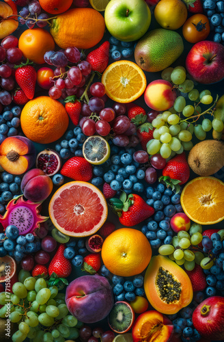 A colorful assortment of fruits and vegetables  including apples  oranges  grapes  and blueberries.