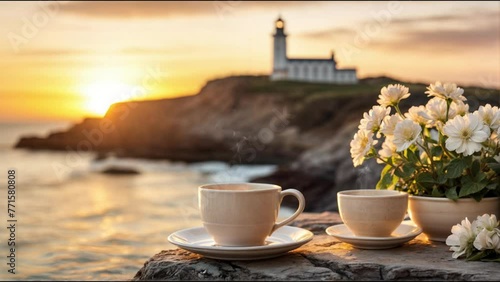 白の花とコーヒーカップと夕焼けの海岸の風景