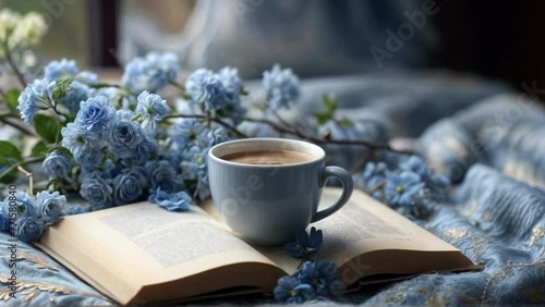 コーヒーカップと本と青の花のナチュラルな部屋の風景動画 photo