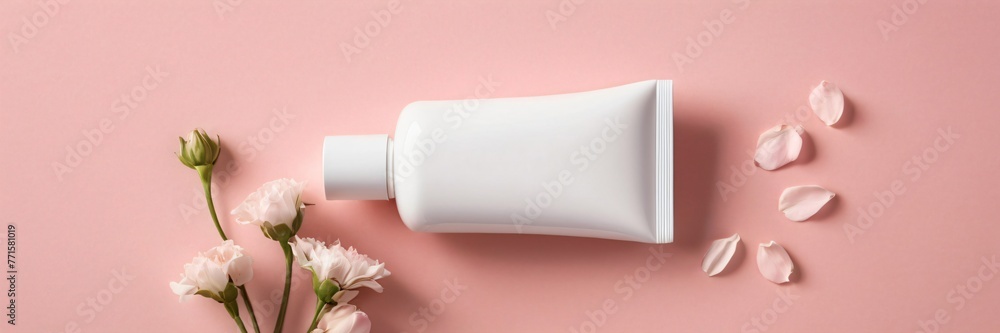 Mock up of unbranded blank tube with spa skincare cream, lotion, gel on soft pink background with flowers and petals. Cosmetic product advertisement, beauty spa packaging template. Top view, flat lay Mock up of unbranded blank tube with spa skincare cream, lotion, gel on soft pink background with flowers and petals. Cosmetic product advertisement, beauty spa packaging template. Top view, flat lay