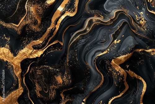 Abstract black and gold liquid marble texture, luxurious fluid background, 3D illustration