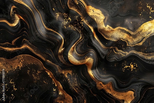 Abstract black and gold liquid marble texture, luxurious fluid background, 3D illustration
