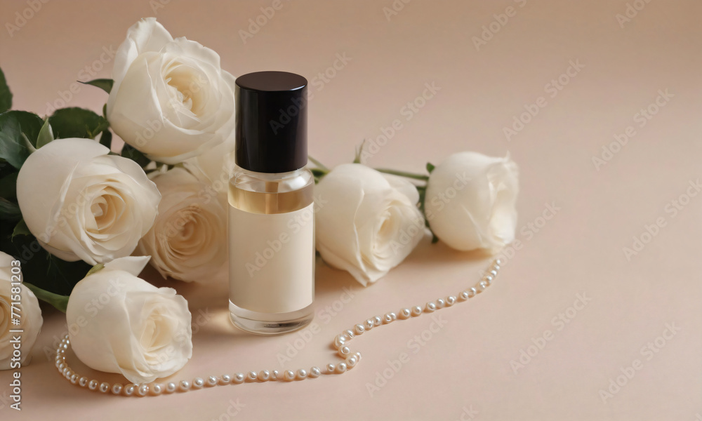 Glass cosmetic bottle with black cap and white blank label surrounded by roses and pearls on beige background. Skincare spa product, luxury perfume or natural aromatherapy packaging advertisement Glass cosmetic bottle with black cap and white blank label surrounded by roses and pearls on beige background. Skincare spa product, luxury perfume or natural aromatherapy packaging advertisement