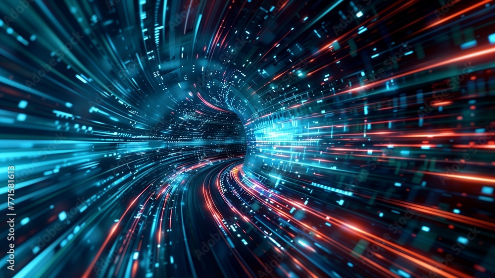 Obraz premium Abstract technological backdrop of ultrafast broadband and connection, digital cyber tech motion, and high speed worldwide data transfer