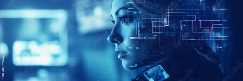 Cybersecurity police officer woman in futuristic suit observing, background suggests a high-tech environment. Cybersecurity police officer woman in futuristic suit observing, background suggests a high-tech environment.