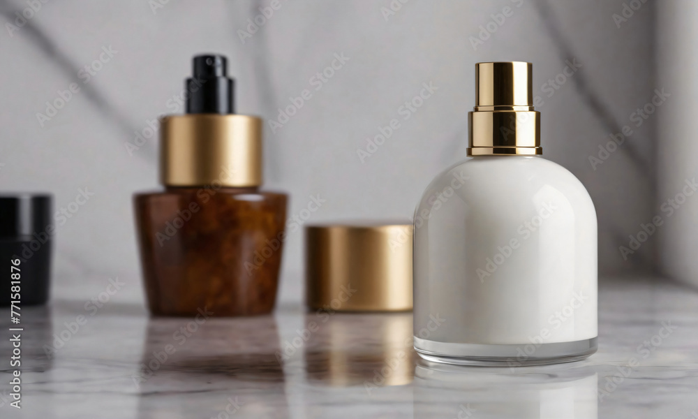 Mock up of unbranded blank fragrance bottles, tubes and jars with spa skincare cream, lotion, spray, gel, serum on marble background. Luxury cosmetic hygienic product or luxury perfume presentation