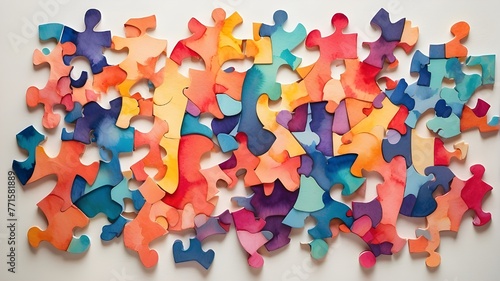 watercolor-textured puzzle pieces that fit together to form an abstract, colorful design that represents diversity and connection.