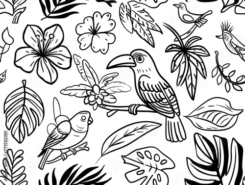 Black and white outline drawing with the theme of tropical birds. White background. 