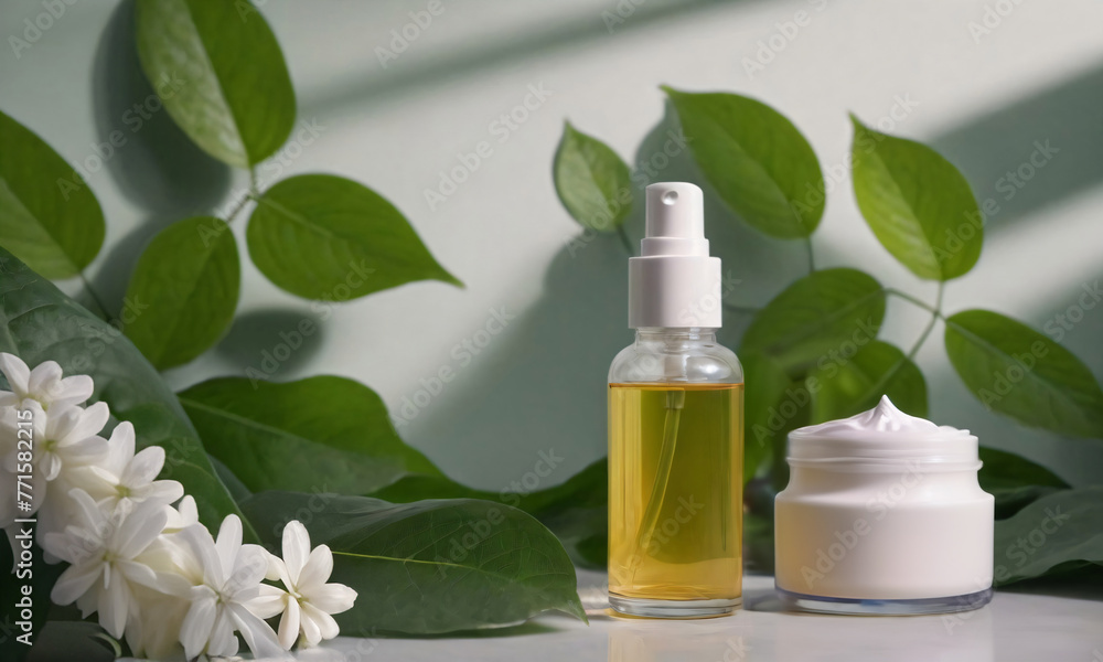Mock up of organic cosmetic bottle and glass jar surrounded by white flowers and leaves on grey background. Showcase with natural skincare packaging, spa product (serum, essence, oil, lotion, cream) Mock up of organic cosmetic bottle and glass jar surrounded by white flowers and leaves on grey background. Showcase with natural skincare packaging, spa product (serum, essence, oil, lotion, cream)