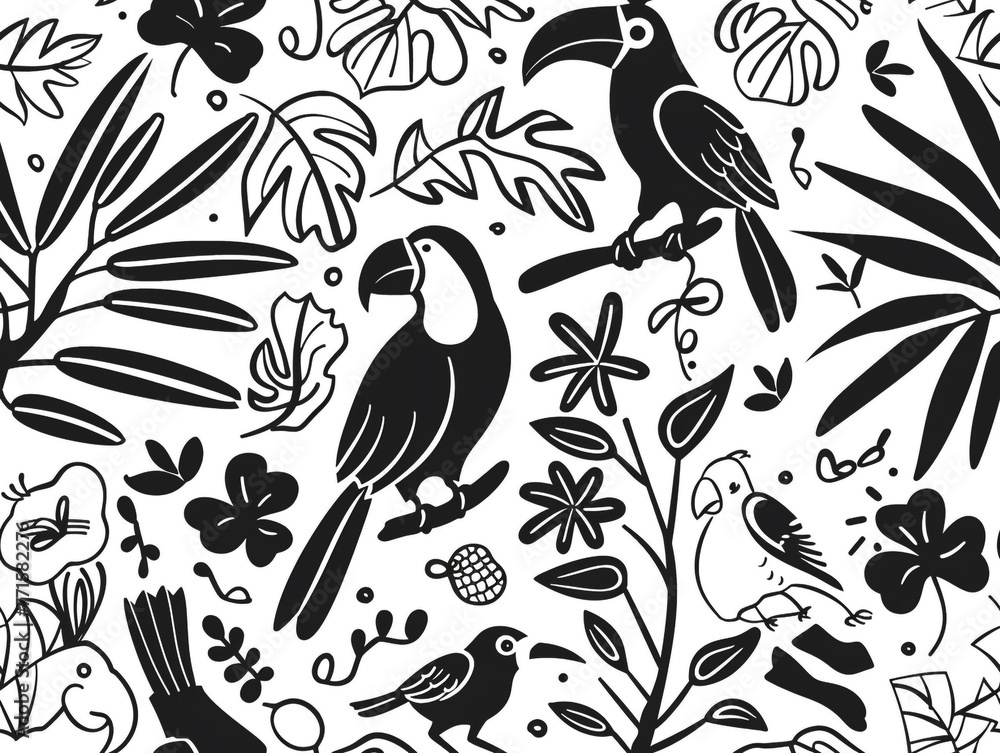 Black and white outline drawing with the theme of tropical birds. White background.
Black and white outline drawing with the theme of tropical birds. White background.