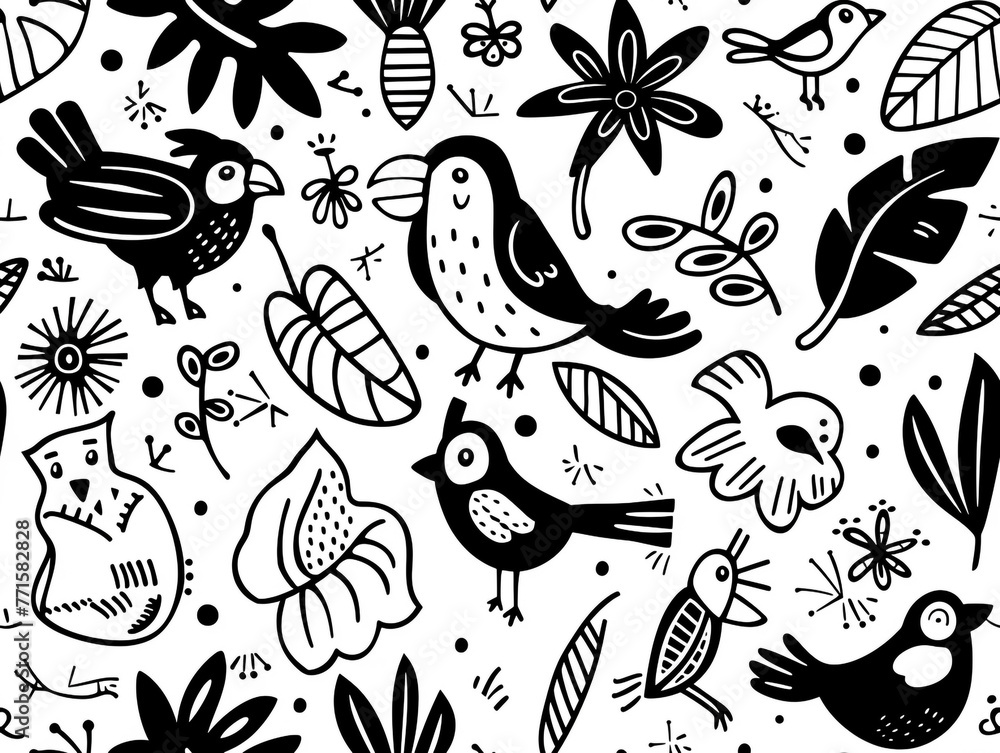 Black and white outline drawing with the theme of tropical birds. White background.
Black and white outline drawing with the theme of tropical birds. White background.