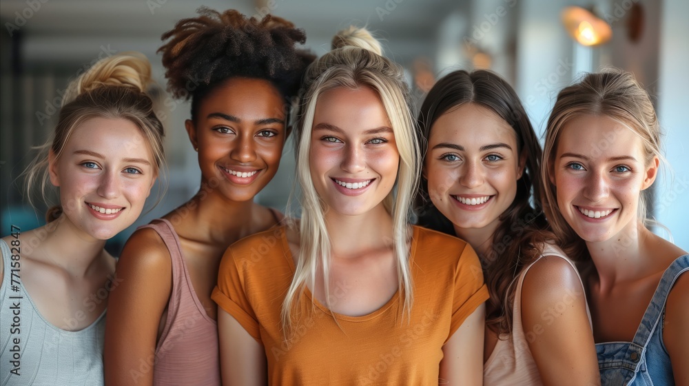 Smiling Group of Diverse Friends Posing Together Indoors Smiling Group of Diverse Friends Posing Together Indoors