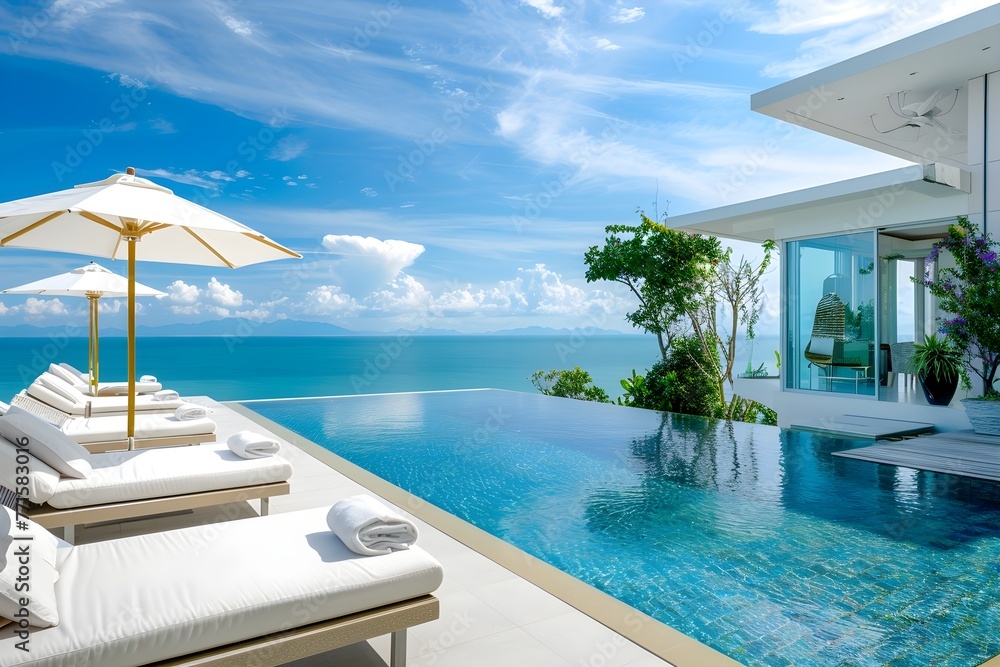 Fototapeta premium Beachfront vacation hotel swimming pool beach umbrella blue sky ocean slow life