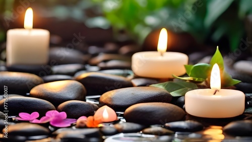 Banner spa stones in a garden with flowing water  candles  and flowers for massage  spa treatments  aromatherapy  and a luxurious  peaceful  and well-rested setting with good skin care practices