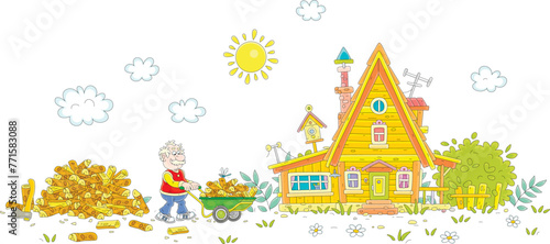 Funny elderly villager chopping firewood and carrying chopped billets in a handcart to a wood barn on a backyard of his pretty village house, vector cartoon illustration on white